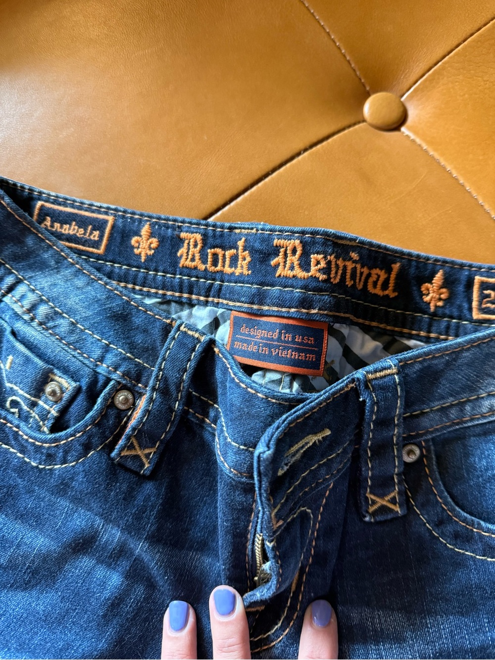 Rock Revival Women’s Blue Denim Jeans with Contrast Gold Stitching